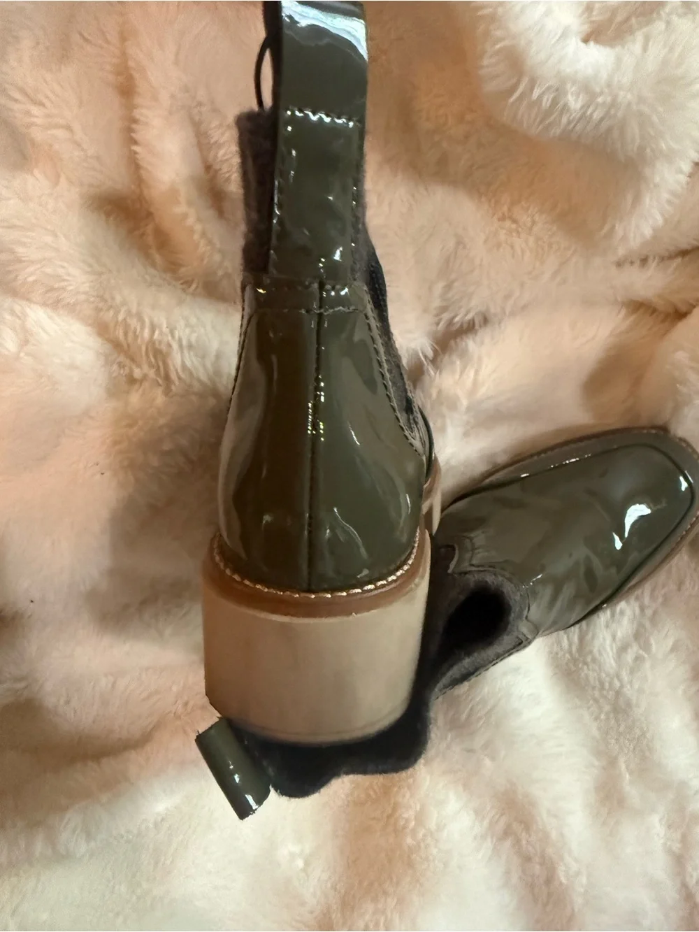 Dolce Vita Olive Green Patent Chelsea Rain/ winter Boots with Dark Knit Collar